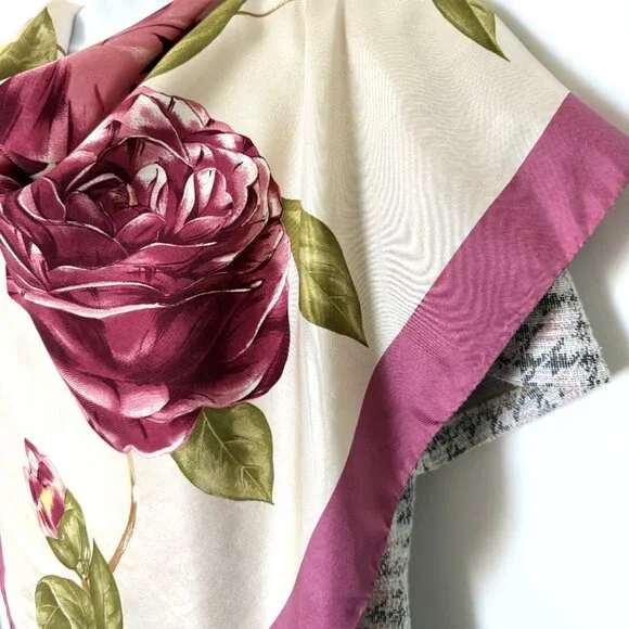 Square Scarf Women's Silk Satin Floral Hand-stitched 33" - Picture 3 of 10